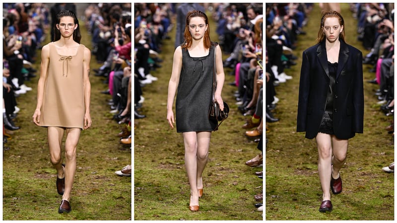 Models walking down the runway at the Miu Miu 2026 Fall show. Anderson's co-actors, Viola Prettejohn of "The Crown" in the middle and Lily Newmark of "Sex Education" on the right.