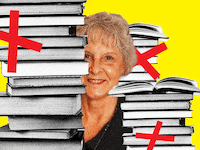 A gif shows Granbury ISD Board Member Karen Lowery in a stack of books while floating red X’s flash across the books.