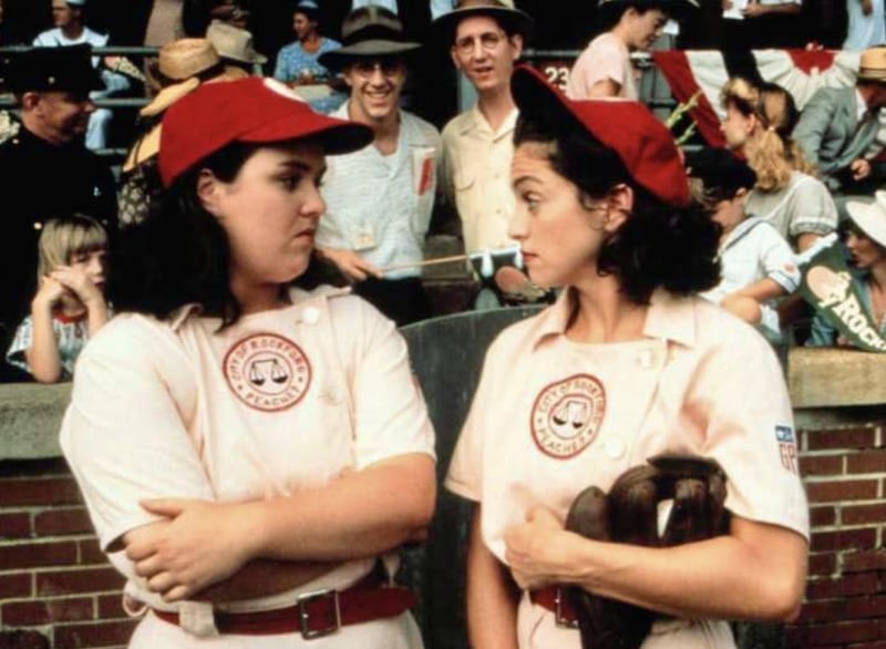 Rosie O’Donnell and Madonna in the 1992 sports comedy, “A League of Their Own.”