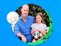 A photo illustration showing Prince William and Princess Charlotte with soccer balls.
