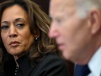 Vice President Kamala Harris listens as President Joe Biden speaks in the Roosevelt Room of the White House in Washington, D.C. on January 9, 2025.