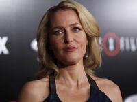 Gillian Anderson poses at a premiere for "The X-Files" at California Science Center in Los Angeles.