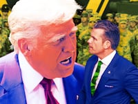 A photo illustration of President Donald Trump and Defense Secretary Pete Hegseth in front of military service members during the U.S. Army 250th birthday parade.