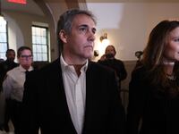 A photo of Michael Cohen entering the Trump trial