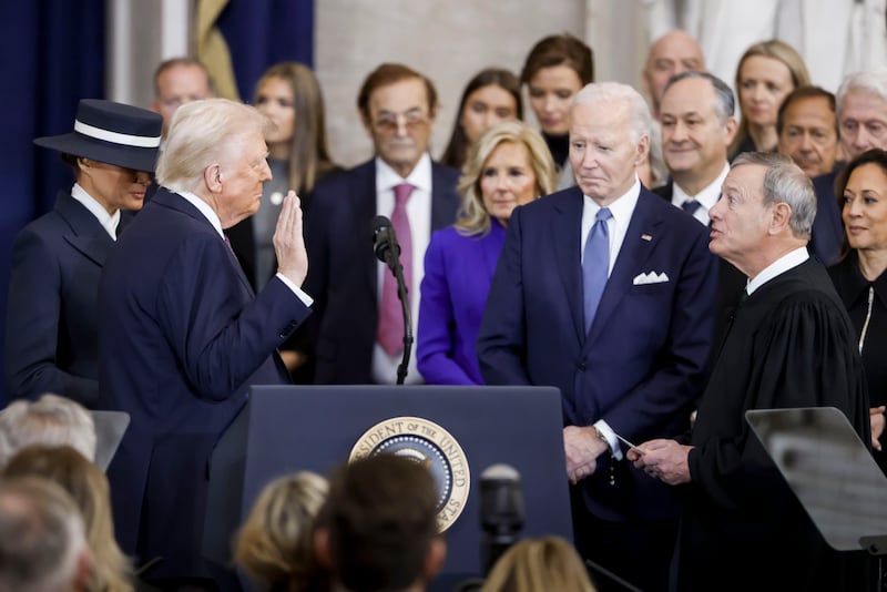 Chief Justice John Roberts administers the presidential oath to Donald Trump on Jan. 20, 2025.