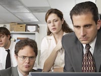 THE OFFICE -- Pilot -- Pictured: (l-r) John Krasinski as Jim Halpert, Rainn Wilson as Dwight Schrute, Jenna Fischer as Pam Beesly, and Steve Carell as Michael Scott-- Photo by: Chris Haston/NBCU Photo Bank