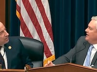 Jamie Raskin, left, and James Comer, right, argue with each other during a committee meeting.