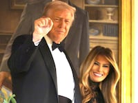 Donald Trump and first lady Melania Trump arrive at the Congressional Ball at the Grand Foyer of the White House on December 11, 2025 in Washington, DC.