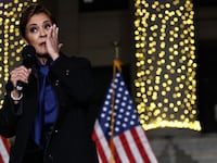 Arizona Republican U.S. Senate candidate Kari Lake speaks at her Election Eve Rally outside the Yavapai County Courthouse on November 4, 2024 in Prescott, Arizona. Lake is running against Arizona Democratic Senate candidate U.S. Rep. Ruben Gallego (D-AZ).