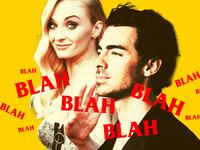 Photo illustration of Joe Jonas and Sophie Turner with “blah blah blah” collaged over them on a yellow background