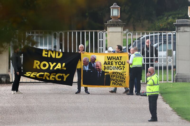 Activists from the anti-monarchy group Republic, stage a protest at the gates to Royal Lodge where Prince Andrew lives with his ex-wife, Sarah Ferguson.