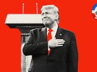 Photo illustration of Donald Trump standing in front of a distorted speaking podium.