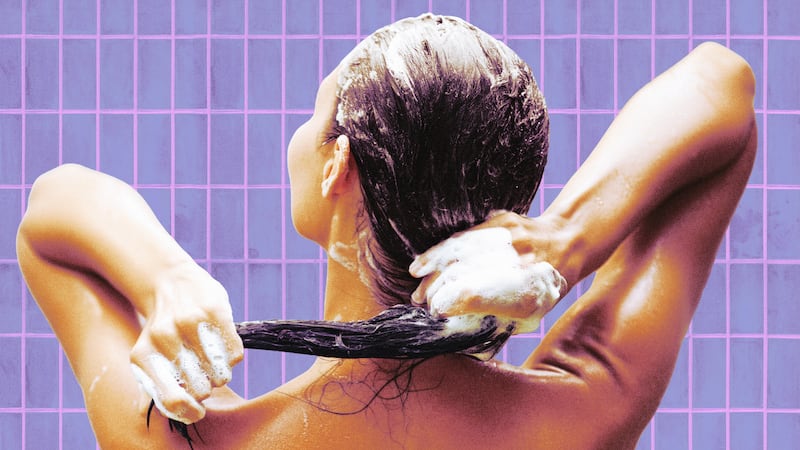 A photo illustration of a woman washing her hair.