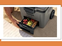 Person pulling open the bottom Dry Zone drawer of a gray Ninja FrostVault wheeled cooler on a sandy beach, revealing compartments filled with strawberries, grapes, and snacks