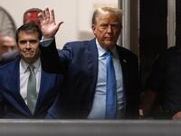 Former U.S. President Donald Trump returns from a break to the courtroom at Manhattan Criminal Court in New York, US, on Friday, April 26, 2024.
