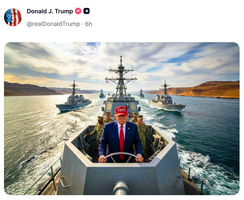 Trump in a "FAFO" red cap.