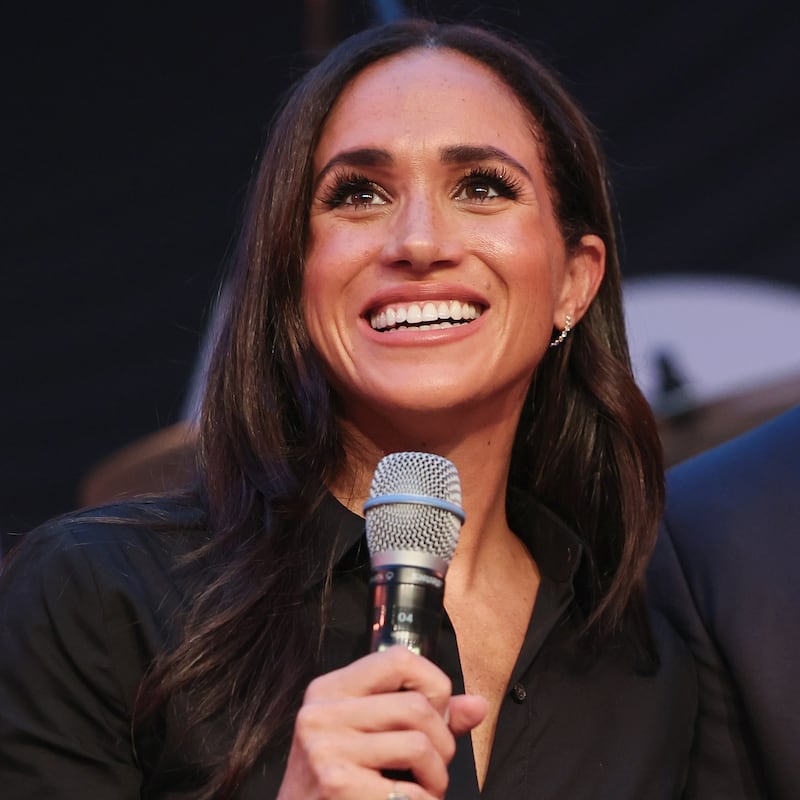 Prince Harry, Duke of Sussex and Meghan, Duchess of Sussex speak on stage at the "Friends @ Home Event" at the Station Airport during day three of the Invictus Games Düsseldorf 2023 on September 12, 2023 in Duesseldorf, Germany.