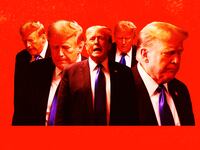 A photo illustration of Donald Trump outside of court.