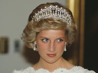 Diana, Princess of Wales, attends a dinner at the British Embassy in Washington, DC, November 1985.