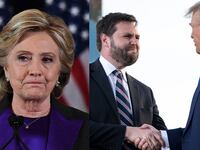 Combined photo of Hillary Clinton (left) and J.D. Vance (center) shaking hands with former President Donald Trump (right) during a rally.