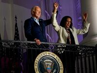 President Joe Biden and Vice President Kamala Harris appear together on a balcony at the White House an Independence Day celebration in Washington, D.C. on July 4, 2024.