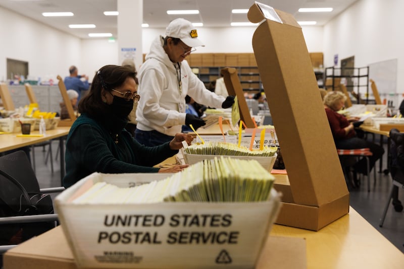 San Diego, California - Election workers extract mail ballots at the Registrar of Voters in Kearny Mesa on Friday, Oct. 23, 2026.
