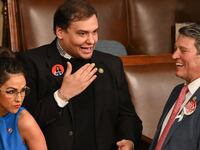 Former U.S. Representative George Santos speaks with Ronny Jackson at the 2024 State of the Union.