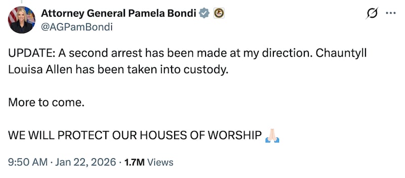 An X post from Attorney General Pamela Bondi announcing the arrest of Chantyll Louisa Allen.