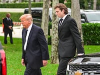 Former U.S. President Donald Trump and his son Barron Trump attend the funeral of former first lady Melania Trump’s mother Amalija Knavs in January 2024.