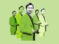 A photo illustration of Glen Powell