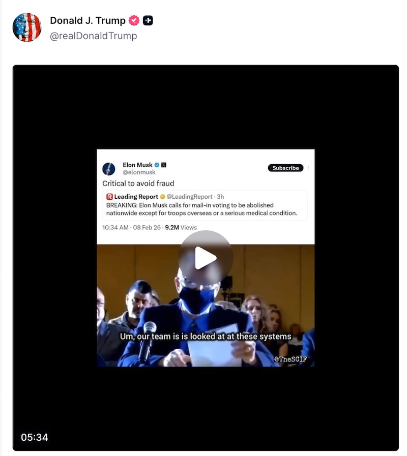 Donald Trump sharing Elon Musk's X post.
