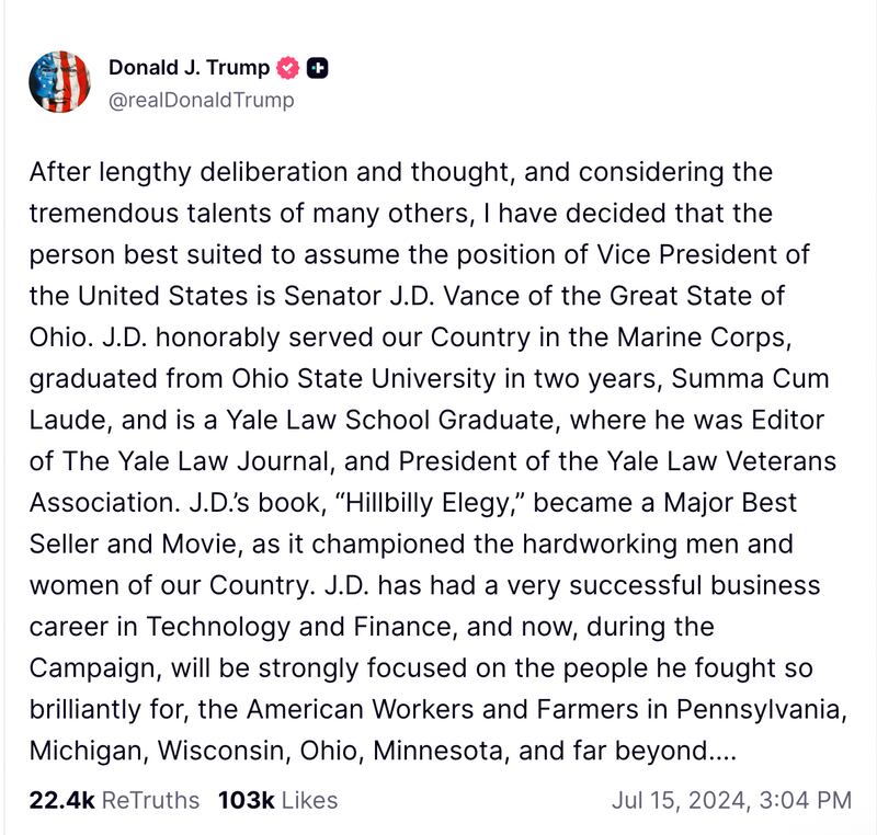 Donald Trump announces J.D. Vance as his running mate.