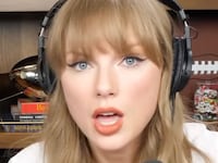 Taylor Swift with Travis Kelce on New Heights podcast.