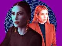 A photo illustration of Kim Kardashian and Emma Roberts on AHS: Delicate.