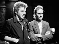 View of American Pop musicians Tommy Heath (left) and Jim Keller, both of the band Tommy Tutone, following an interview on MTV at Teletronic Studios, New York, New York, April 29, 1982.