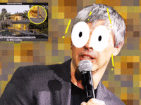 Larry Page with large eyes in front of a pixelized collage of a statue of a naked woman in his home