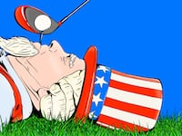Illustration of Uncle Sam with a golf tee and ball in his mouth