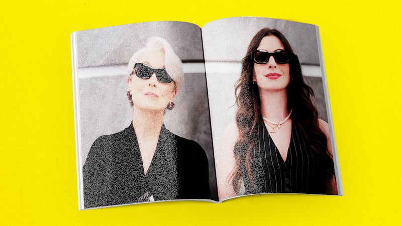 Illo illustration of Meryl Streep and Anne Hathaway in Devil Wears Prada 2 on a magazine