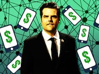 A photo illustration of Matt Gaetz and money and web.