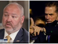 A screenshot from CBS’ interview with the whistleblower next to a picture of Hunter Biden.