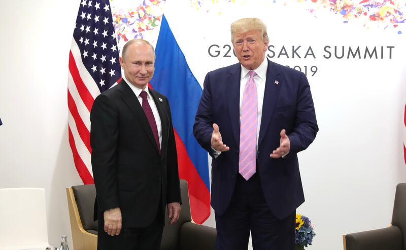 Donald Trump meeting Vladimir Putin in 2019—Zelensky has accused the Trump administration of pushing Russian narratives around the war in Ukraine.