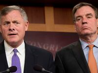 Senate Intelligence Chairman Richard Burr (L), R-N.C.; and Senate Intelligence Vice Chair Mark Warner, D-Va., hold a news conference on the status of the committee's inquiry into Russian interference in the 2016 election.