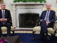 U.S. President Joe Biden hosts debt limit talks with House Speaker Kevin McCarthy (R-CA) in the Oval Office at the White House in Washington, U.S., May 22, 2023.