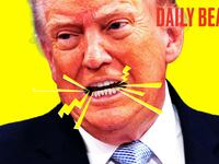 Donald Trump on a yellow background with lines coming out of his mouth