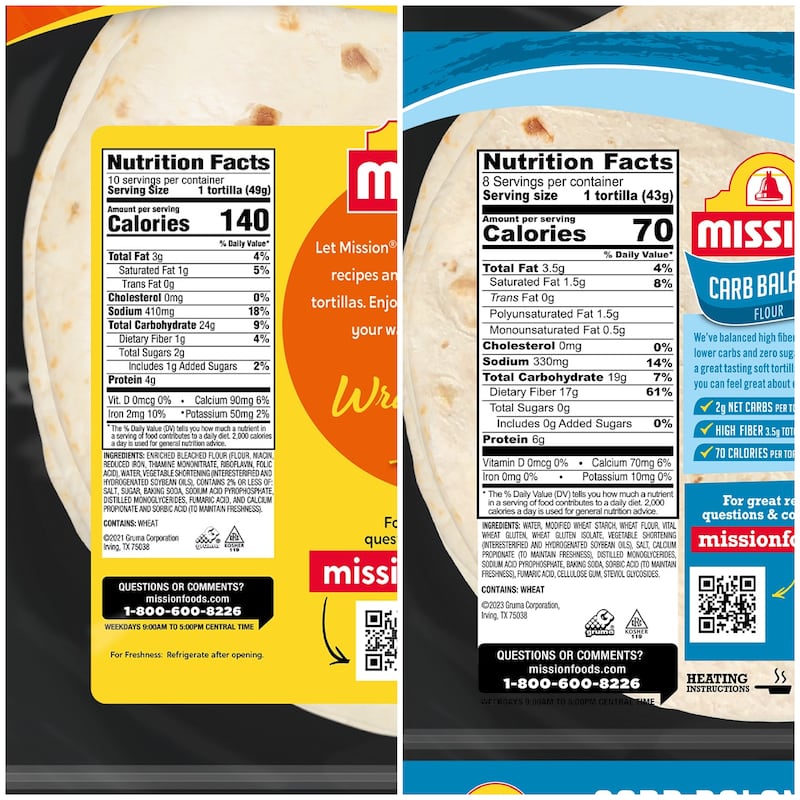 Mission Flour Tortillas vs. Mission Carb Balance Tortillas: a side-by-side comparison of their nutrition facts
