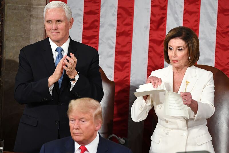 Speaker Nancy Pelosi rips a copy of US President Donald Trumps speech after he delivered the State of the Union address at the US Capitol in Washington, DC, on February 4, 2020.