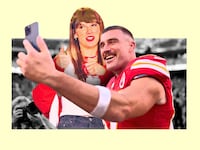 A photo composite of Travis Kelce holding out his phone with Taylor Swift next to him giving a thumbs up