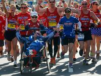 Rick Hoyt and Dick Hoyt running in the Boston Marathon.