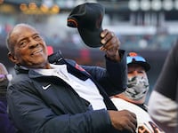 Hall of Famer Willie Mays waves to the crowd during the pre-game celebration in honor of his 90th birthday prior to the game between the San Diego Padres and the San Francisco Giants at Oracle Park on Friday, May 7, 2021 in San Francisco, California.