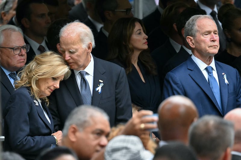 Former First Lady Jill Biden, former US President Joe Biden and former US President George W. Bush attend the 25th anniversary commemoration of the September 11, 2001 attacks at the National September 11 Memorial in New York on September 11, 2026.